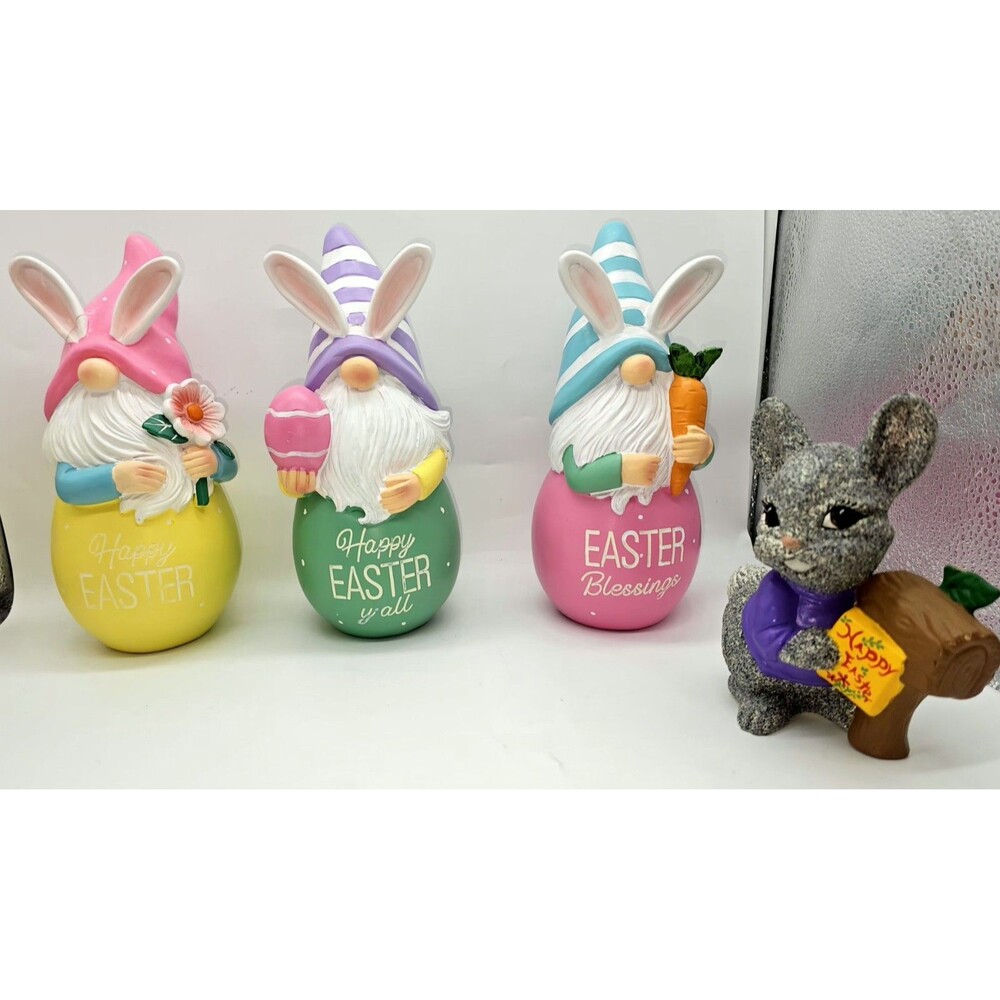 Easter Bunny Gnome Figurine Set & Grey Bunny Decor Lot of 4 Spring Holiday Gift
